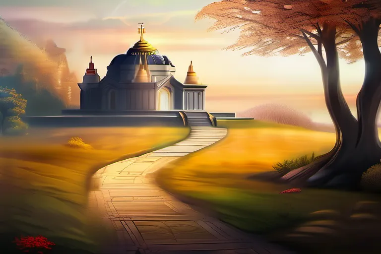 An image featuring a serene landscape with a path leading to a tranquil temple or church, symbolizing the journey towards salvation. - salvation, religion, spirituality