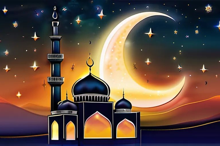 A serene mosque at sunset, with a crescent moon and stars in the sky, symbolizing the holy month of Ramadan and the practice of Sawm. - Sawm in Islam