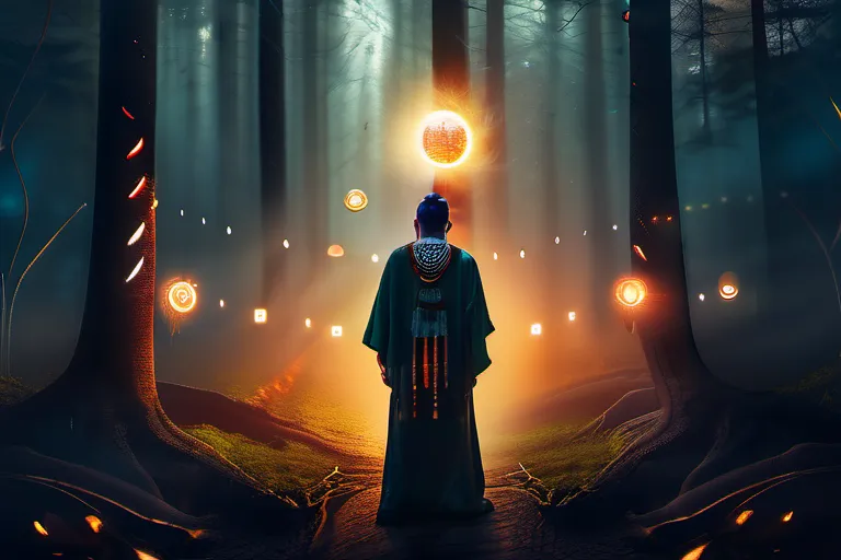 A mystical forest at dusk with a shaman standing in the center, surrounded by glowing orbs representing the spirit world. - shamanism