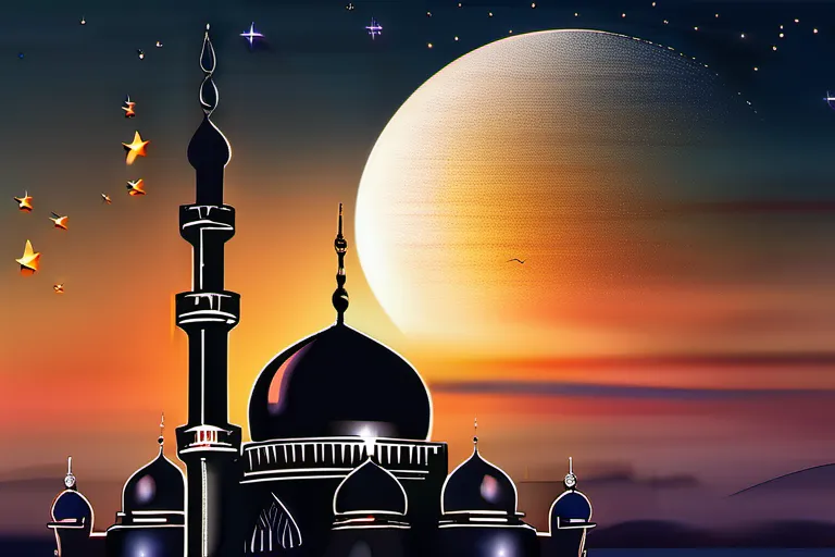 A beautiful mosque with a crescent moon and star atop, symbolizing Shia Islam, against a sunset backdrop. - Shia Islam