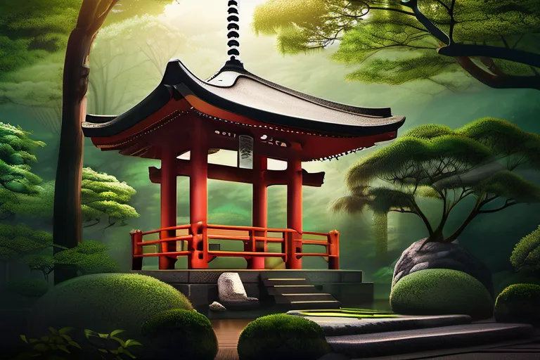 A serene image of a traditional Japanese shrine surrounded by lush greenery, symbolizing the harmony between nature and spirituality in Shintoism. - Shintoism