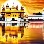 A serene image featuring the Golden Temple in Amritsar, a sacred site for Sikhs worldwide, under a beautiful sunset sky. - Sikhism guide