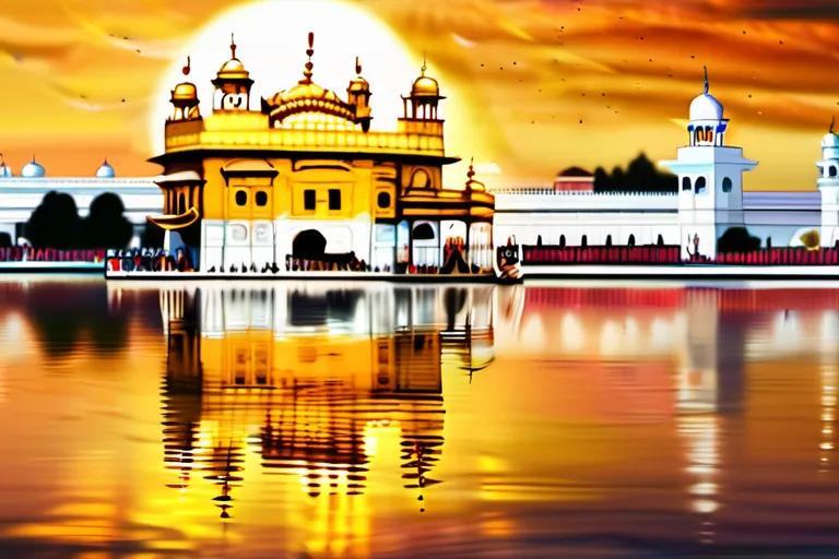 A serene image featuring the Golden Temple in Amritsar, a sacred site for Sikhs worldwide, under a beautiful sunset sky. - Sikhism guide