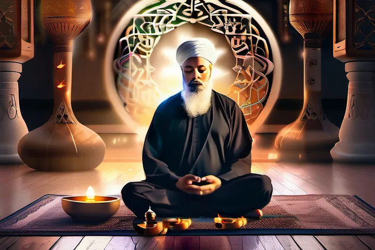 A serene image of a Sufi master meditating in a tranquil setting, surrounded by Islamic symbols. - Sufism in Islam