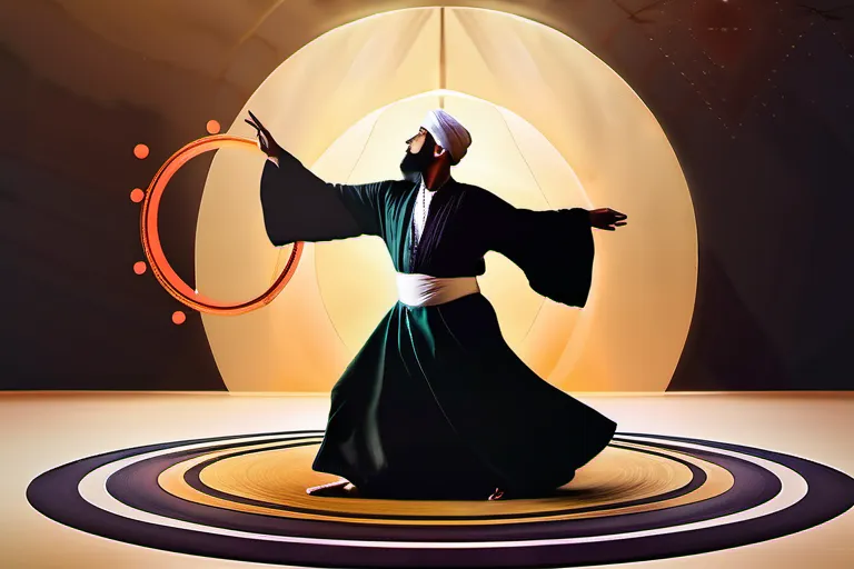 A serene image of a Sufi dervish spinning in a circle, symbolizing his spiritual ascent. - Sufism