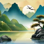 A serene image of a Chinese landscape with mountains, rivers, and bamboo, symbolizing the balance and harmony of Taoism. - Taoism