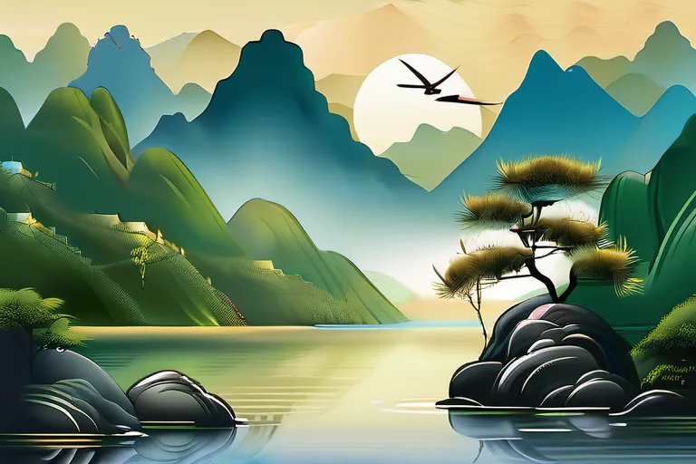 A serene image of a Chinese landscape with mountains, rivers, and bamboo, symbolizing the balance and harmony of Taoism. - Taoism