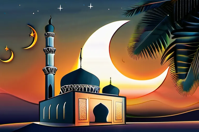 A serene mosque at sunset with a single crescent moon in the sky, symbolizing the unity of God (Allah) in Islam. - Tawhid Islam