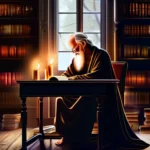 An enlightenment-era philosopher sitting at a desk, surrounded by books and candles. - Age of Reason