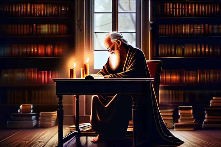 An enlightenment-era philosopher sitting at a desk, surrounded by books and candles. - Age of Reason