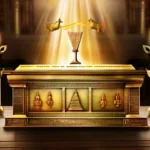 Create an image depicting the Ark of the Covenant, surrounded by symbols of ancient Israel, such as the Menorah, the Tabernacle, and priests in ceremonial garments. - Ark of the Covenant