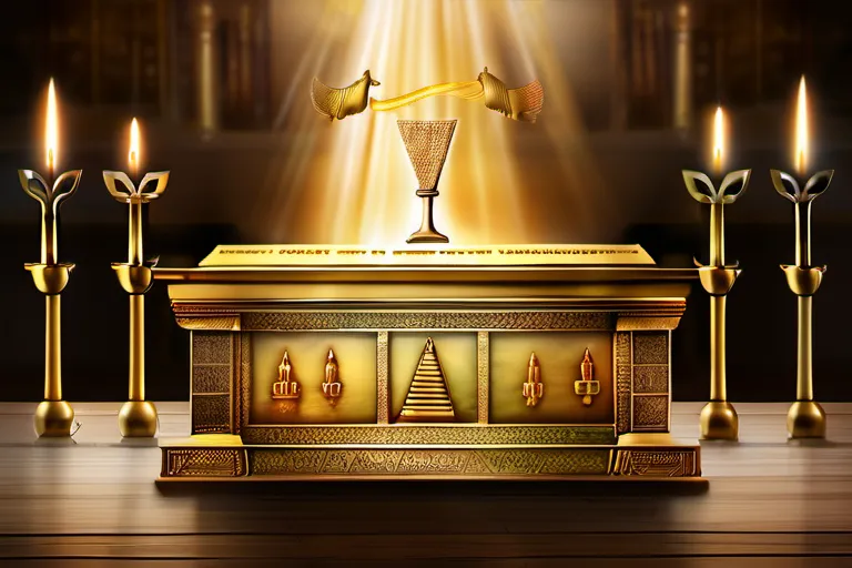 Create an image depicting the Ark of the Covenant, surrounded by symbols of ancient Israel, such as the Menorah, the Tabernacle, and priests in ceremonial garments. - Ark of the Covenant