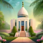 A serene image of a Baha'i temple with lush greenery and people from diverse backgrounds gathered together. - Baha'i Faith