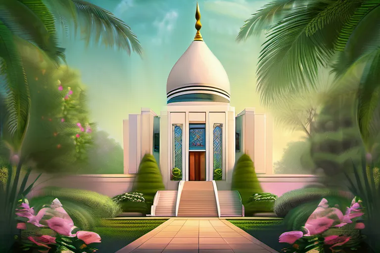 A serene image of a Baha'i temple with lush greenery and people from diverse backgrounds gathered together. - Baha'i Faith