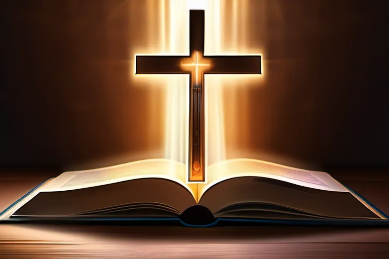 A beautiful illustration featuring a glowing, open book with a cross on its cover. - Book of Mormon in Christianity