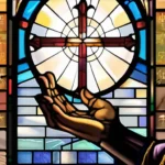 A serene image of a stained-glass window depicting hands extending grace with a Bible open to John 1:17 in the foreground. - grace in Christianity