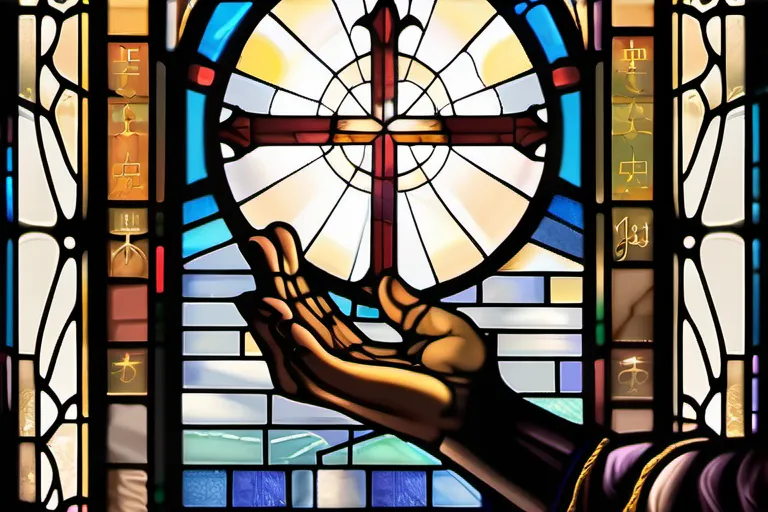 A serene image of a stained-glass window depicting hands extending grace with a Bible open to John 1:17 in the foreground. - grace in Christianity