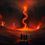 A dark, ominous image depicting a fiery landscape with figures in torment, symbolizing the Islamic concept of hell. - Islamic Hell