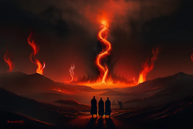 A dark, ominous image depicting a fiery landscape with figures in torment, symbolizing the Islamic concept of hell. - Islamic Hell