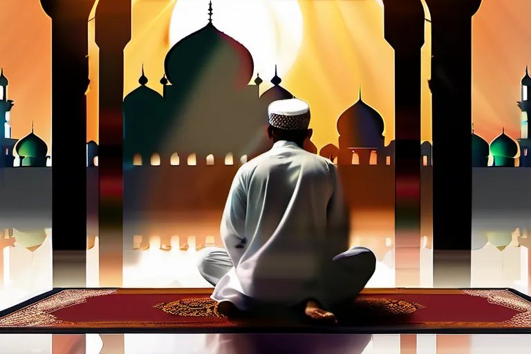 A serene mosque at sunset with a Muslim performing Salaah (prayer), symbolizing the connection between Ihsan, worship, and spiritual growth in Islam. - Ihsan Islam