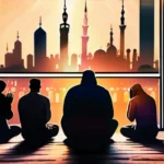 A vibrant, diverse crowd praying in a mosque with a modern financial district in the background. - Islamic Finance Guide