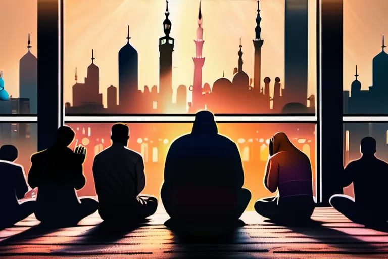 A vibrant, diverse crowd praying in a mosque with a modern financial district in the background. - Islamic Finance Guide