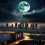 A powerful, ominous depiction of a deserted city at night, with a glowing moon and swirling clouds, symbolizing the end times and Judgment Day in Islam. - Judgment Day Islam