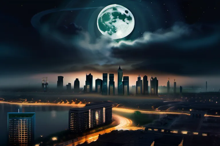 A powerful, ominous depiction of a deserted city at night, with a glowing moon and swirling clouds, symbolizing the end times and Judgment Day in Islam. - Judgment Day Islam