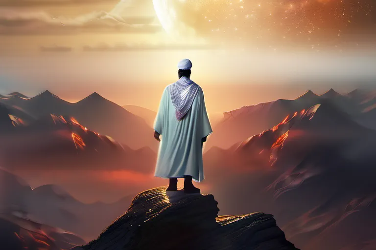 A powerful and just leader standing on a mountaintop, symbolizing the Mahdi's role as the savior of humanity. - Mahdi in Islam