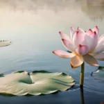 A serene image of a lotus flower blooming over a tranquil body of water, symbolizing the attainment of Nirvana. - Nirvana