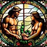 A stained-glass window depicting Adam and Eve with a serpent in the background. - original sin christianity