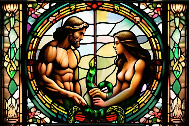 A stained-glass window depicting Adam and Eve with a serpent in the background. - original sin christianity