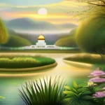 A serene garden with lush greenery, shimmering rivers, and golden domes in the distance. - Islamic Paradise