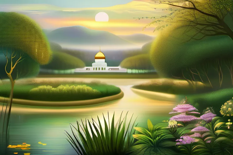 A serene garden with lush greenery, shimmering rivers, and golden domes in the distance. - Islamic Paradise