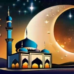 A serene mosque at sunset with a crescent moon and stars in the sky, symbolizing the eternal nature of predestination in Islam. - Islamic predestination