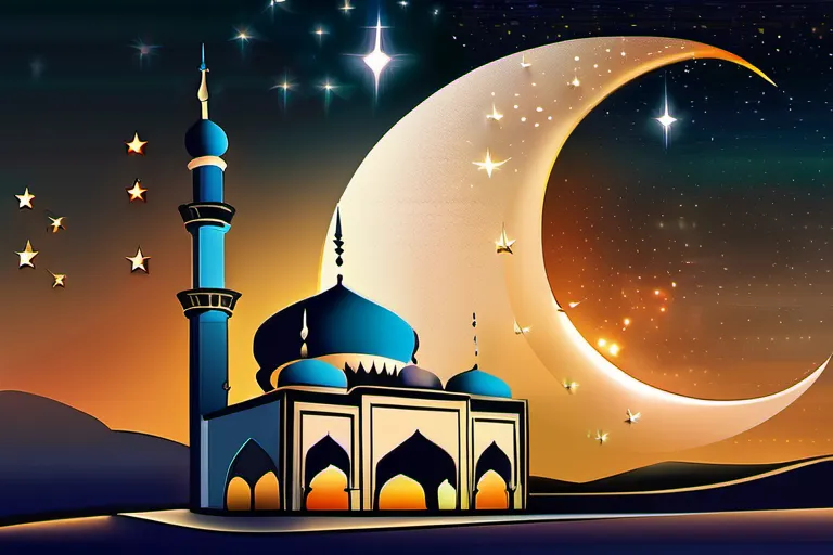 A serene mosque at sunset with a crescent moon and stars in the sky, symbolizing the eternal nature of predestination in Islam. - Islamic predestination