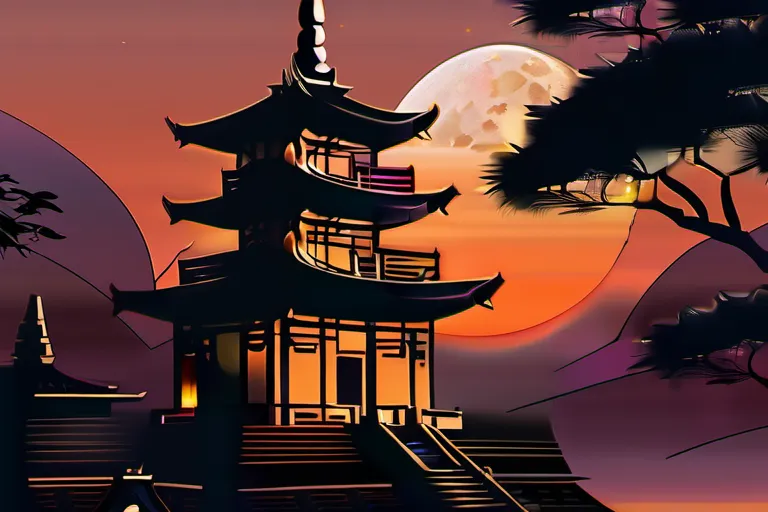 A serene image of a Buddhist temple at sunset, with the moon rising behind it, symbolizing the transition from this life to the next. - Buddhism Afterlife