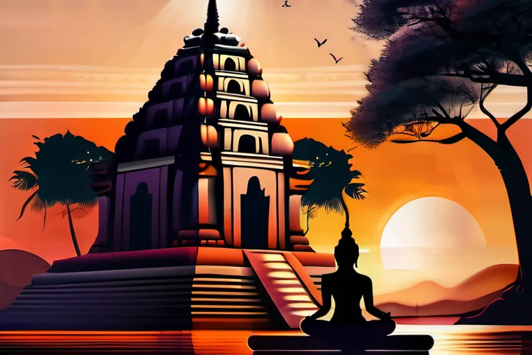 A serene image depicting a Hindu temple at sunset with a figure meditating under a banyan tree. - Hinduism Afterlife