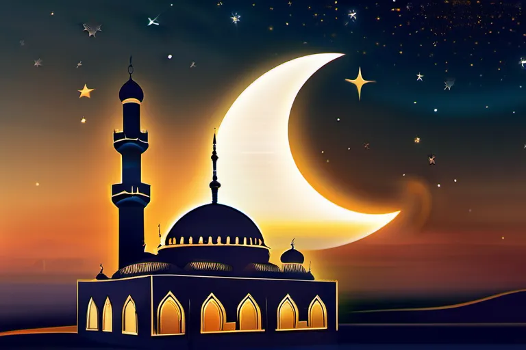 A serene image of a mosque at sunset, with the crescent moon and stars visible in the sky, symbolizing the Islamic concept of the afterlife. - Islamic Afterlife