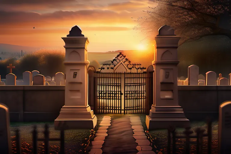 A serene image depicting a Jewish cemetery at sunset, with the gates of heaven slightly open in the distance. - Jewish Afterlife