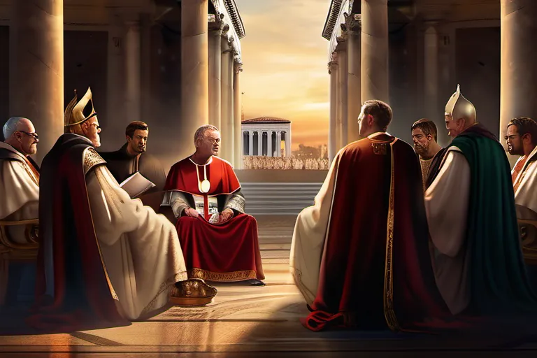 An illustration depicting a gathering of bishops in ancient Rome discussing theology with Emperor Constantine I presiding over them. - Council of Nicaea