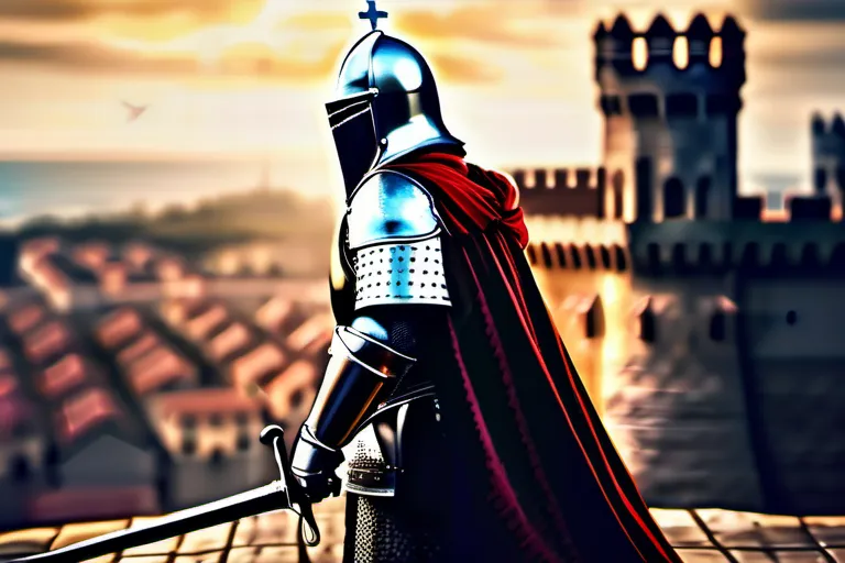 A medieval knight standing before a city under siege, symbolizing the Crusades' military nature and conflict. - Crusades History