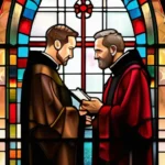 A stained-glass window depicting a priest and a pastor in their respective settings. - pastor vs priest