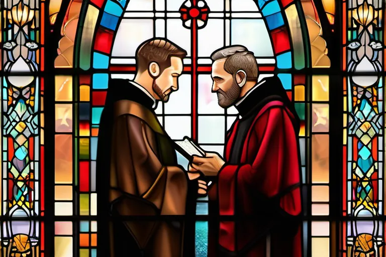 A stained-glass window depicting a priest and a pastor in their respective settings. - pastor vs priest