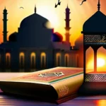 A visually appealing cover image featuring a mosque at sunset with a Quran and a book of Fiqh open on a table. - Sharia vs Fiqh