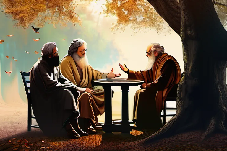 An image depicting a group of philosophers discussing under a tree, symbolizing the intellectual exchange during the Enlightenment era. - Enlightenment