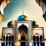 Create a captivating image featuring an Islamic mosque with five distinct pillars represented symbolically within its architecture. - Islam pillars guide