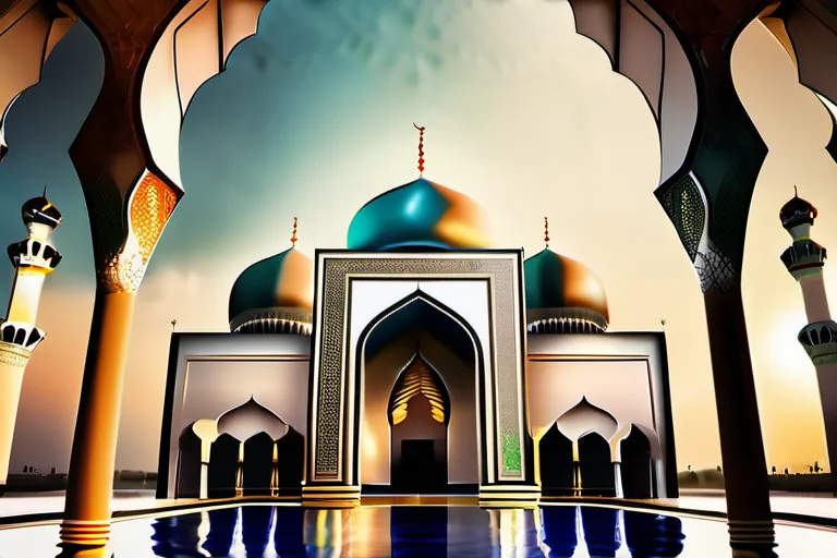 Create a captivating image featuring an Islamic mosque with five distinct pillars represented symbolically within its architecture. - Islam pillars guide