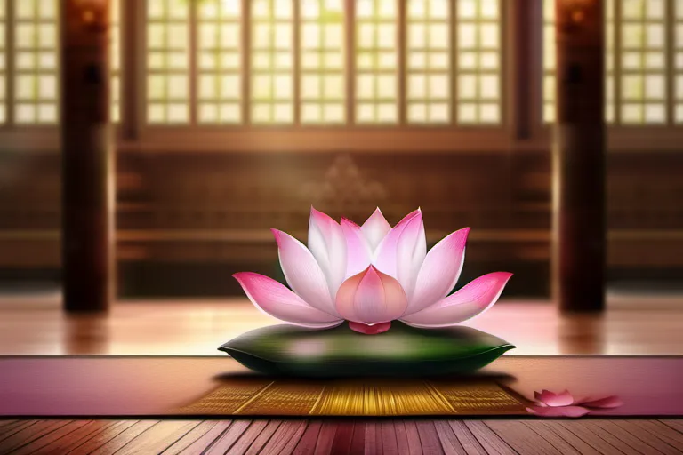 A serene image depicting a meditation hall, with four lotus flowers symbolizing the Four Noble Truths. - Four Noble Truths Buddhism