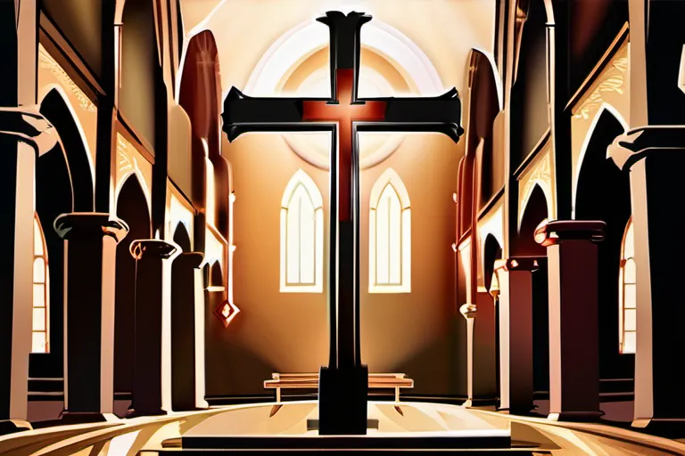 A stylized image depicting a divided cross, symbolizing the East and West Churches, with a backdrop of medieval architecture. - Great Schism